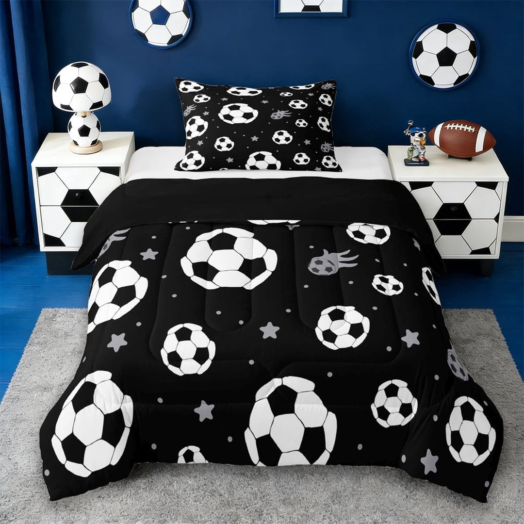 Erosebridal Ball Games Twin Comforter Sets,Kids Cartoon Football Pattern Bedding Set For Soccer Boys,Reversible Black 2pcs