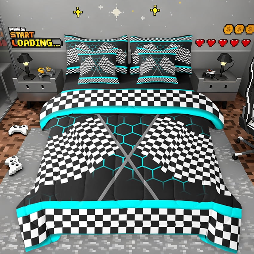 Erosebridal Gradient Cyan Honeycomb Bedding Sets Twin Size, Sports Car Flag Comforter Sets With Sheets,Youth Teens Gamebed In A Bag Twin Size,Ultra Soft Room Decorative,7-Piece Reversible