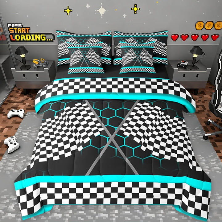 Erosebridal Gradient Cyan Honeycomb Bedding Sets Twin Size, Sports Car Flag Comforter Sets With Sheets,Youth Teens Gamebed In A Bag Twin Size,Ultra Soft Room Decorative,7-Piece Reversible