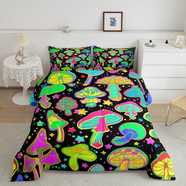 YST Fluorescent Green Bedding Set King Glowing Mushroom Comforter Set, Psychedelic Galaxy Duvet Insert Rainbow Stars Quilt Sets, Orange Pink Wild Fungus Bedding Comforters &amp; Sets Black 3 Piece