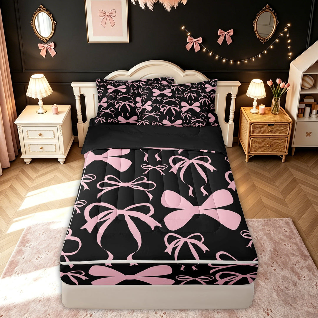 meiyoeat Kawaii Pink Bow Zipper Full Size Comforter Sets with Fitted Sheet and 2 Pillowcases for Women, Ribbon Zipper Bedding Set for Bedroom, Black Pink, Black ReversibleG