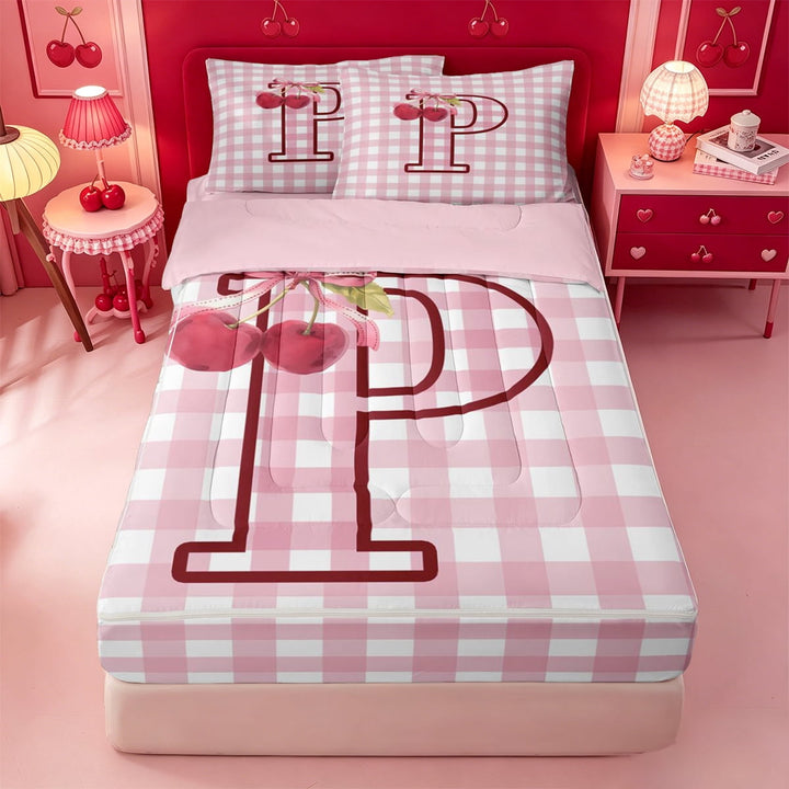 meiyoeat Pink Cherry Monogrammed P Zipper Full Size Comforter Sets with Fitted Sheet and 2 Pillowcases,Cute Ribbon Bowknot Zipper Bedding Set For Girl,Pink Reversible,4 Pieces
