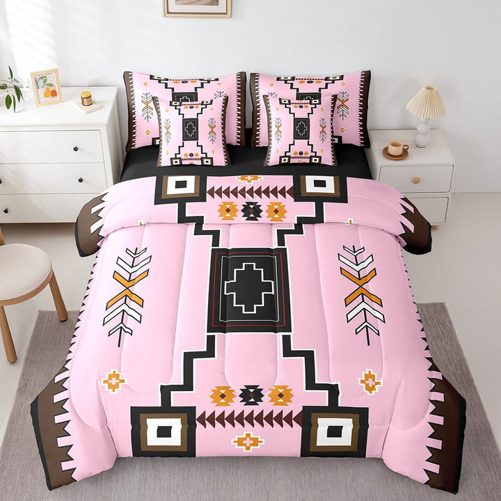 Erosebridal Tribal Aztec Bedding Sets Twin Size,Black Pink Comforter Sets with Sheets,Geometry Room Decor,7-Piece