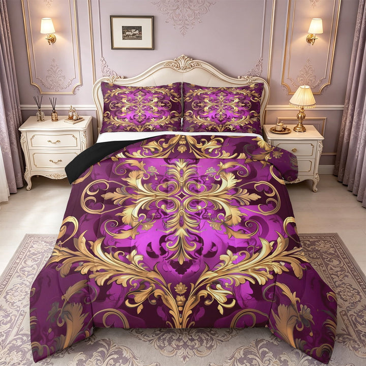 Erosebridal Retro Damask Flower Bedding Queen Comforter Set,Boho Bohemain Down Comforter,Gold Pink Gothic Flower Bedding Sets Queen with Comforter For Kids, Bedroom Decor Reversible£¬3 Pieces