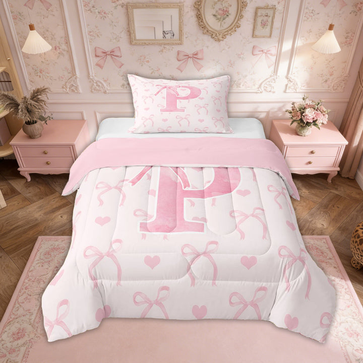 Erosebridal Kawaii Bowknot Comforter Sets Twin Size, Initial P Comforters &amp; Duvets, Romantic Initial A-Z Decor, Reversible