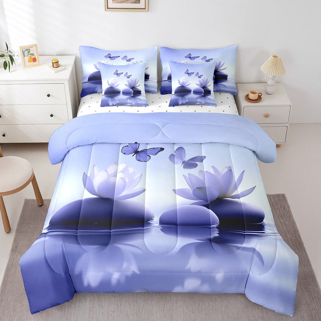Water Lily Lotus Twin Comforter Set 7 Pieces,Purple Lake Bed in a Bag with Sheet Set,Safari Animal Dreamy Butterfly Bed Sheets,Gradient Clean Water Flower Floral Bedding Set