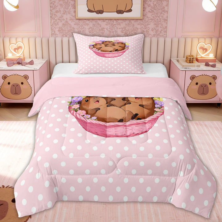 Erosebridal Flower Capybara Twin Comforter Sets for Kid, Polkadots Bedding Set, 2-Piece, Pink Reversible