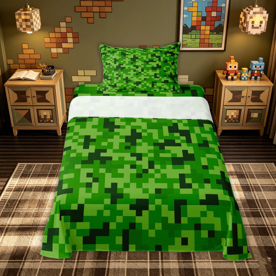 meiyoeat Pixel Pixel Grid Miners Bed Sheets for Kids Boys, Green Game Block Full Size Sheets, 4 Pieces