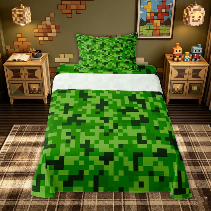 meiyoeat Pixel Pixel Grid Miners Bed Sheets for Kids Boys, Green Game Block Full Size Sheets, 4 Pieces