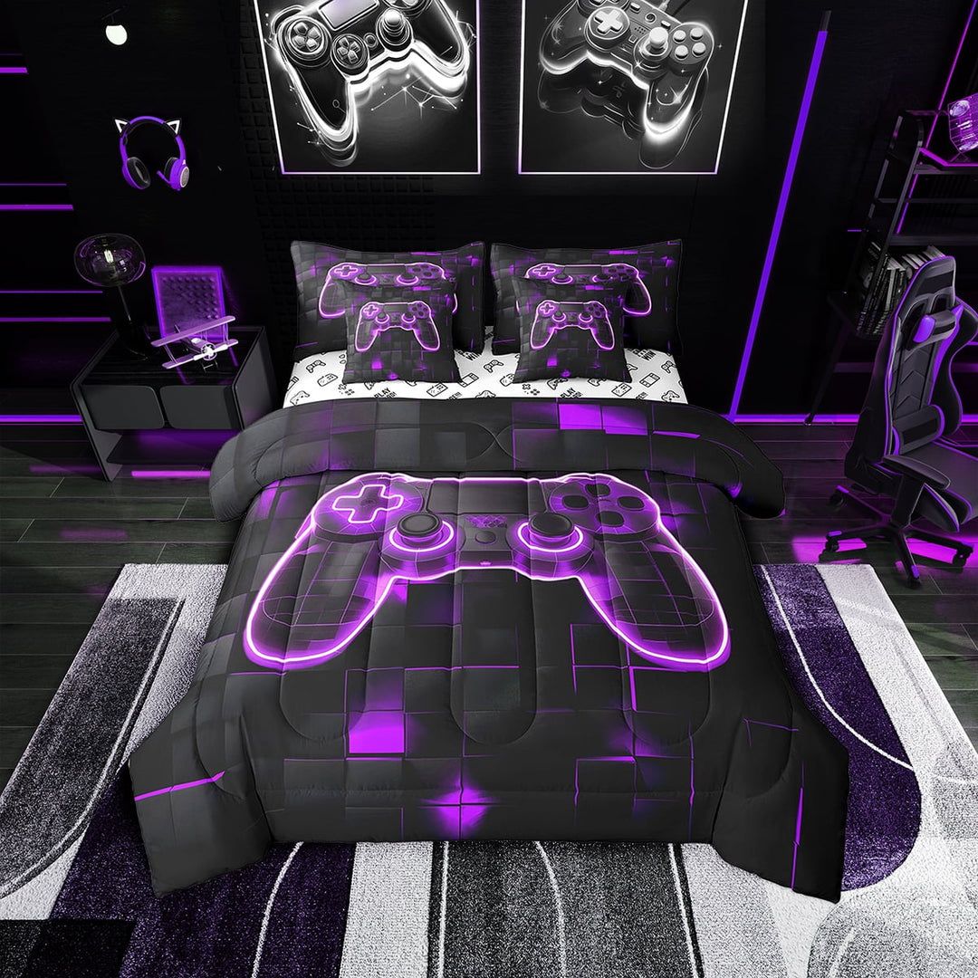 Gamer Bed in A Bag for Teen,Modern 3D Gaming Comforter Sets Twin,Video Game Bedding Set,Game Gamepad Bed Set,Geometric Neon Reversible Bed Sets with Sheet Set 7 Piece