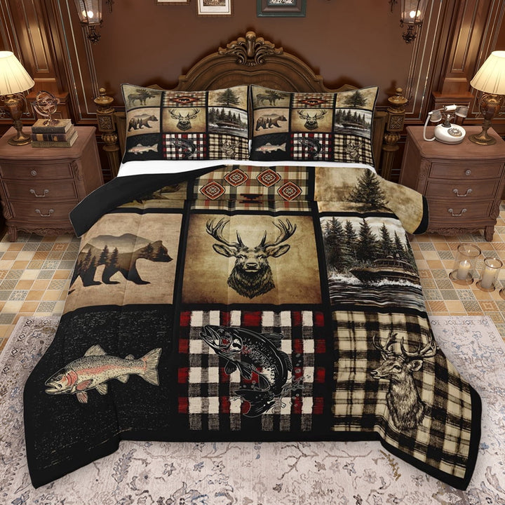Erosebridal Hunting and Fishing Queen Comforter Set, Deer Bear Fish Bedding Comforter Set, Black Reversible, 1 Comforter and 2 Pillowcases