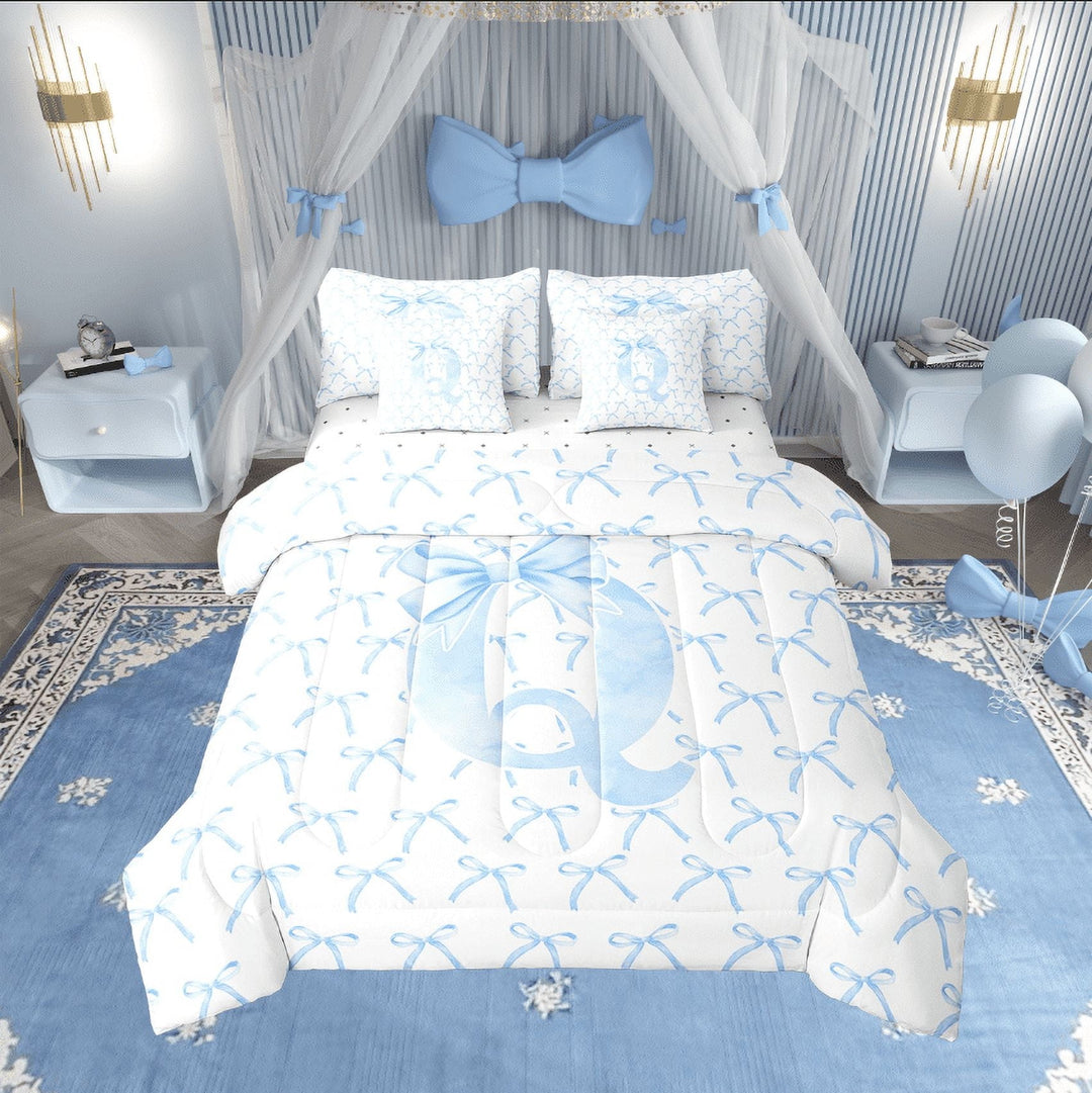 Erosebridal Initial Letter Bedding Sets Twin Size,Monogrammed Bowknot Comforter Sets with Sheets,Kawaii Decoration,Reversible,7pcs