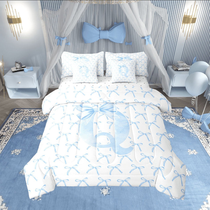 Erosebridal Initial Letter Bedding Sets Twin Size,Monogrammed Bowknot Comforter Sets with Sheets,Kawaii Decoration,Reversible,7pcs