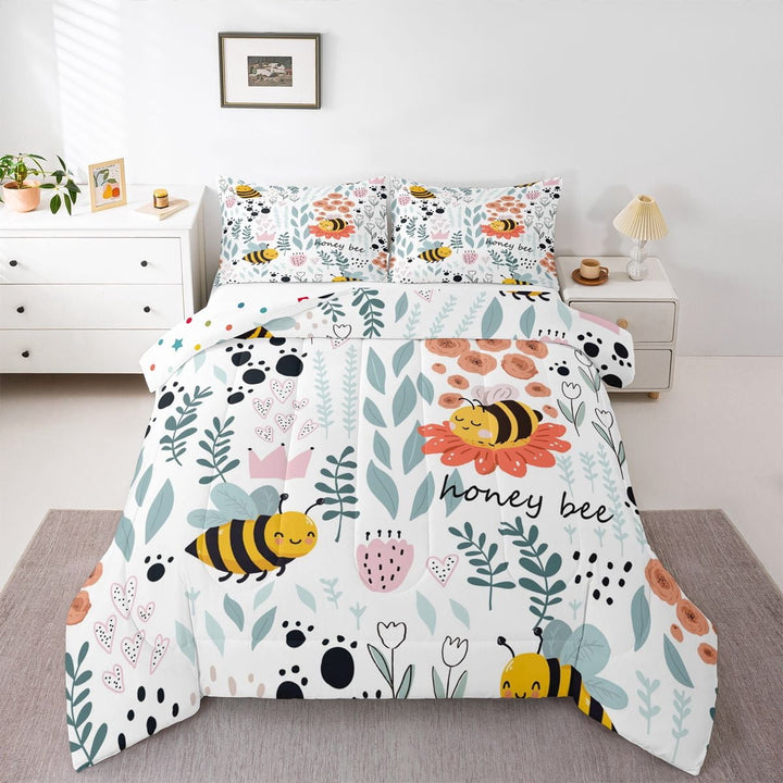 Kawaii Bee Bedding Set,Cartoon Bee Comforter Set Twin,Cute Love Heart Leaf Flower Comforter Set ,Paw Print Animals Quilt Duvet Insert with 1 Pillow Case