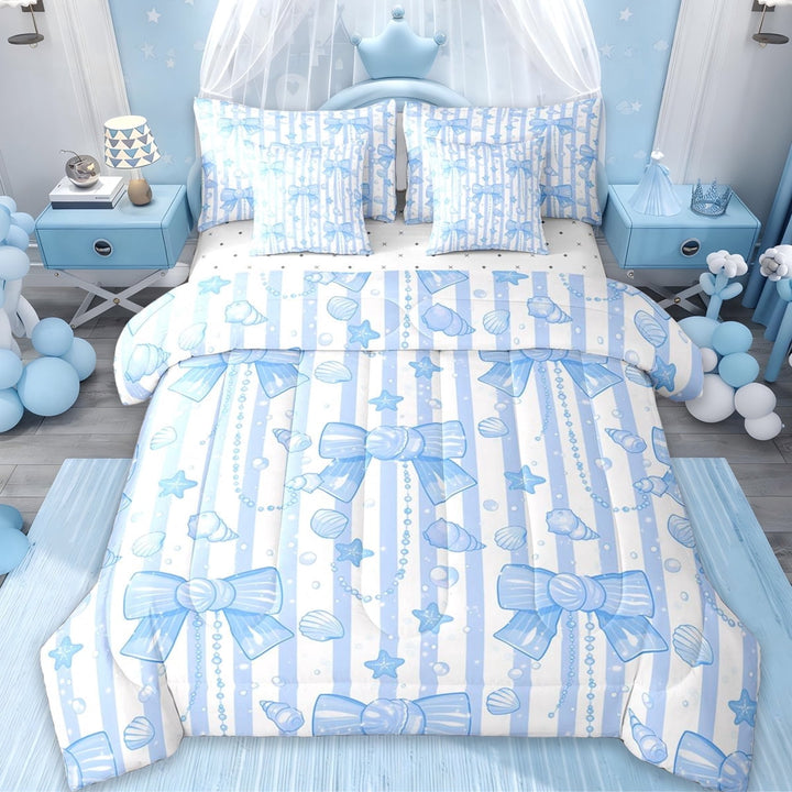 Erosebridal 3D Bowtie Stars Print 7-Piece Twin Bedding Sets,Girly Blue Bowknot Princess Bedding Comforter Set For Kids,Reversible