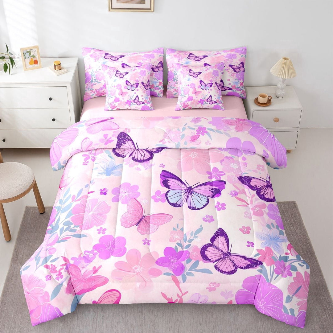 Erosebridal Flying Butterflies Twin Bedding Sets 7-Piece For Teens,Girls Spring Garden Flowers Bedding Comforter Set,Pink Purple,Pink Reversible