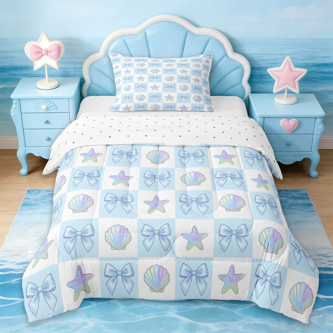 Erosebridal Colorful Gradient Seashell Starfish Twin Comforter Sets,Kawaii Bowtie Blue Bows Bedding Set For Kids,Reversible,2-Piece