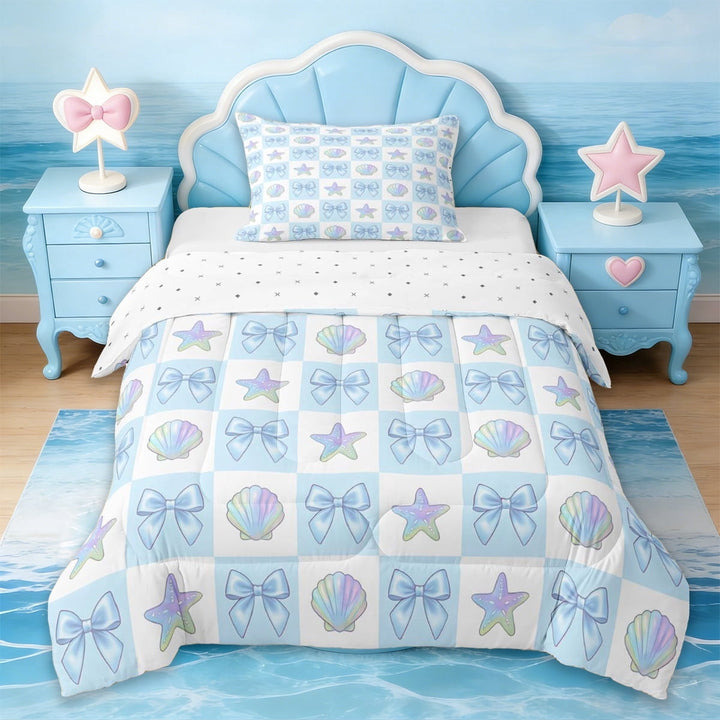 Erosebridal Colorful Gradient Seashell Starfish Twin Comforter Sets,Kawaii Bowtie Blue Bows Bedding Set For Kids,Reversible,2-Piece