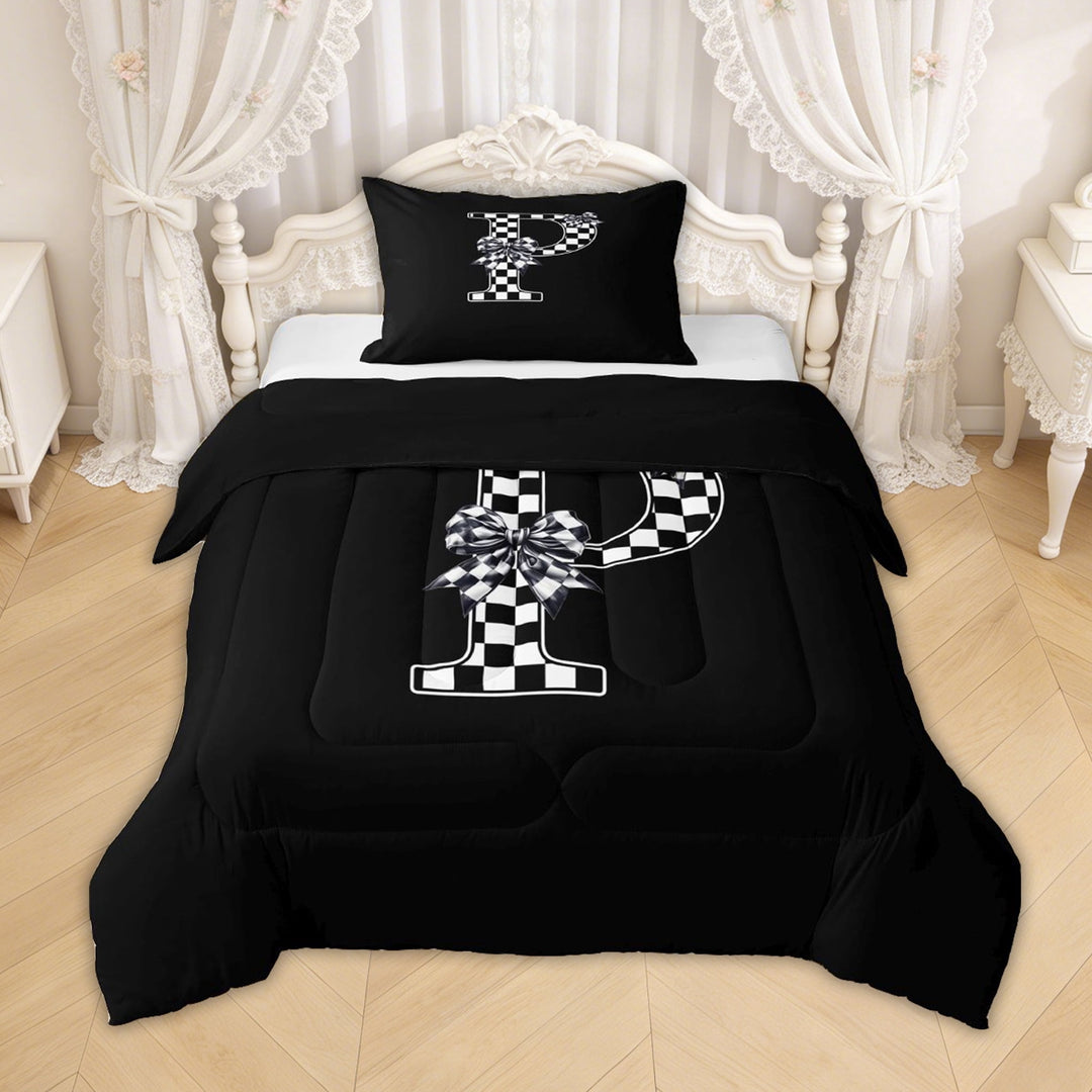 Erosebridal Checkered Bow Letter P Twin Comforter Sets for Girls, Black White Ribbon Bedding Set, Black Reversible, 2 Pieces