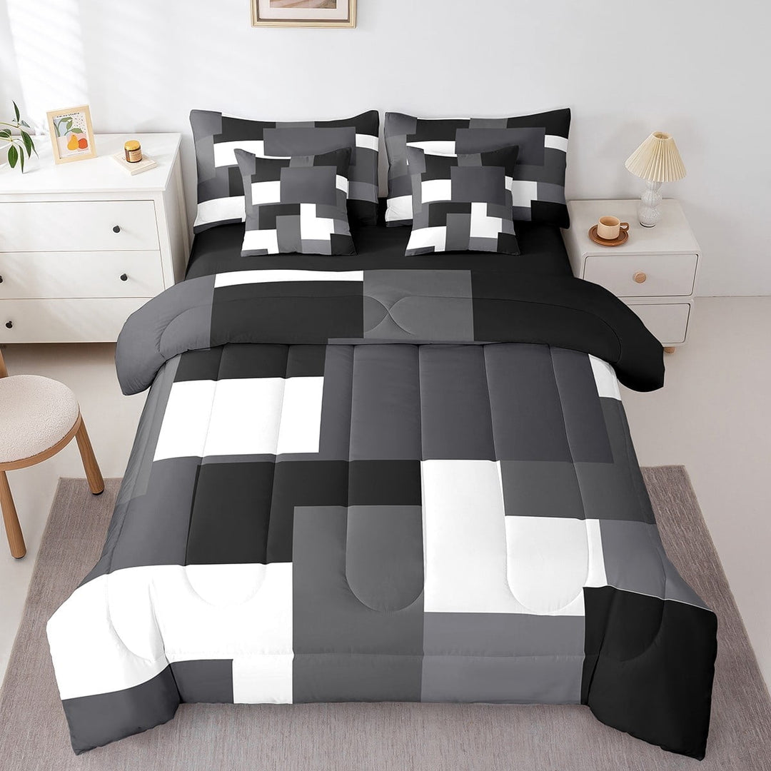 Erosebridal Black Rectangle Bedding Sets Twin Size,Geometric Sqare Comforter Sets with Sheets,Abstract Artwork Bed in a Bag Twin size,Super Cozy Plaid Bedroom Decorative,Reversible,7pcs