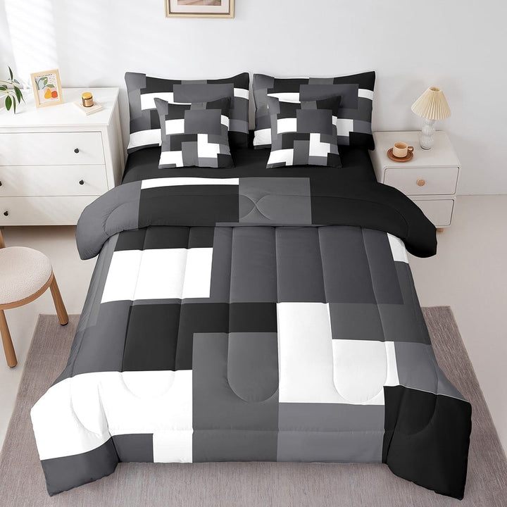 Erosebridal Black Rectangle Bedding Sets Twin Size,Geometric Sqare Comforter Sets with Sheets,Abstract Artwork Bed in a Bag Twin size,Super Cozy Plaid Bedroom Decorative,Reversible,7pcs