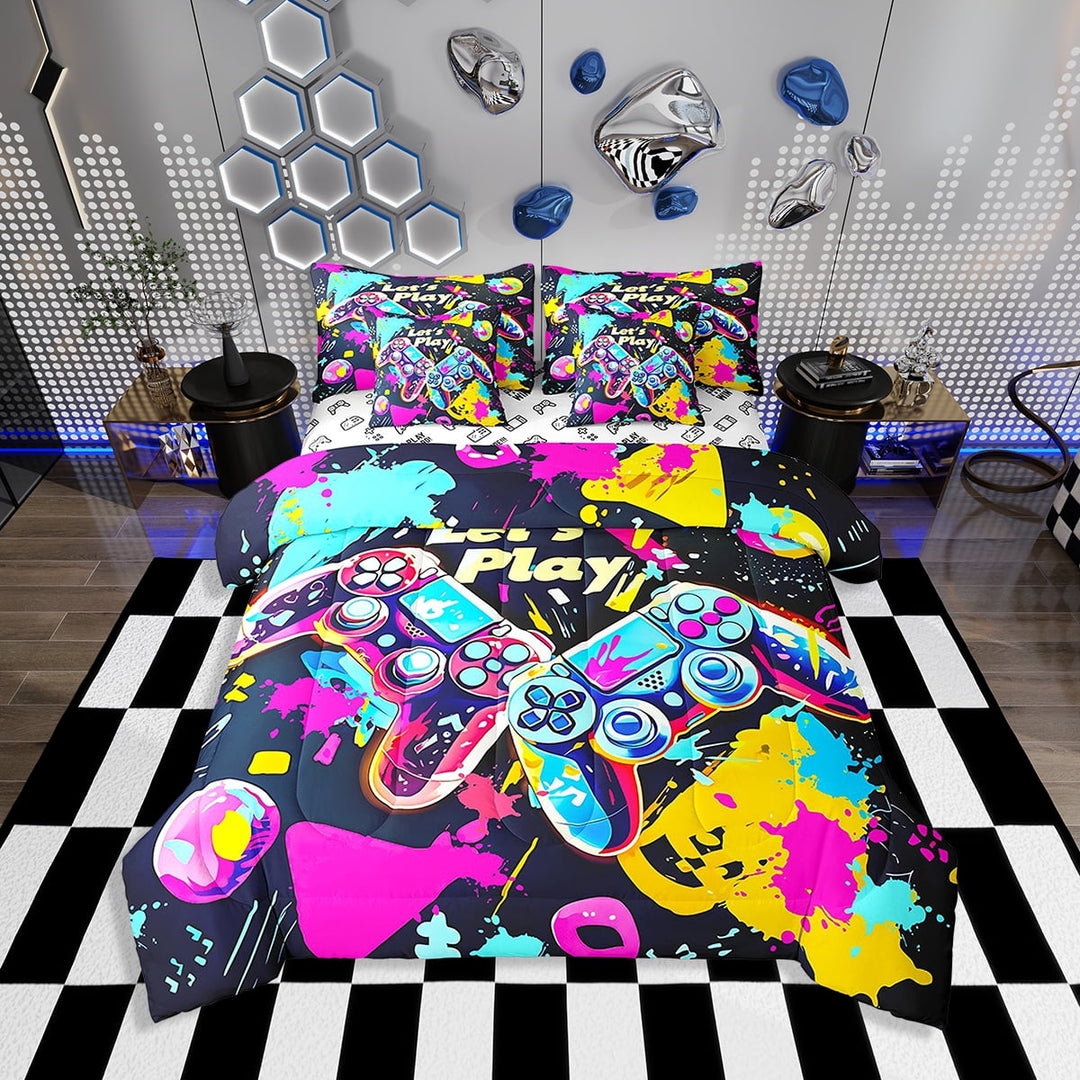 Erosebridal Gamer Comforter Set with Sheets Twin Size Gaming Bed in a Bag Set Teens Modern Game Console Controller 7 Pieces Bedding Set Joystick Room Decor Pink Blue