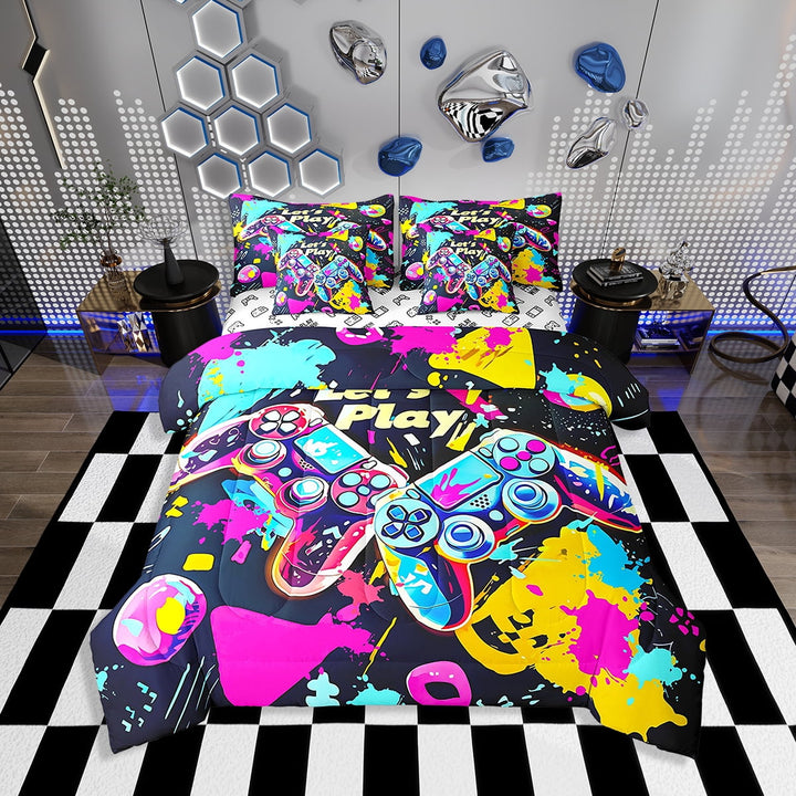 Erosebridal Gamer Comforter Set with Sheets Twin Size Gaming Bed in a Bag Set Teens Modern Game Console Controller 7 Pieces Bedding Set Joystick Room Decor Pink Blue