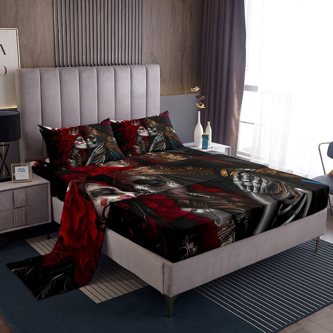 Manfei Skeleton Couple Lover 4pcs Bed Sheets for Boys Girls,Gothic Style Floral Rose King Sheets,Happy Valentine&