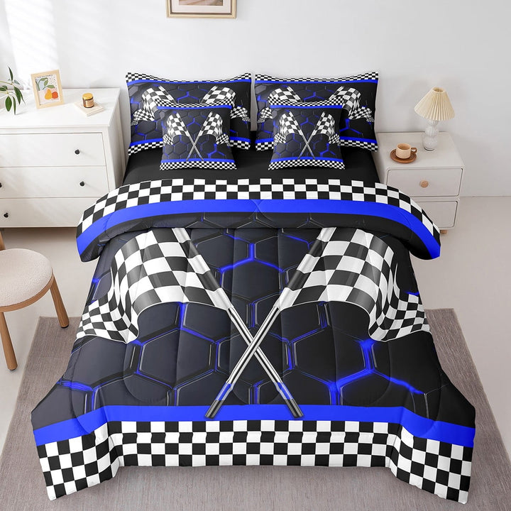 Erosebridal Checkered Flag Bed in a Bag Twin size, Blue Geometry Bed Set, Extreme Sports Decor, Reversible 7pcs