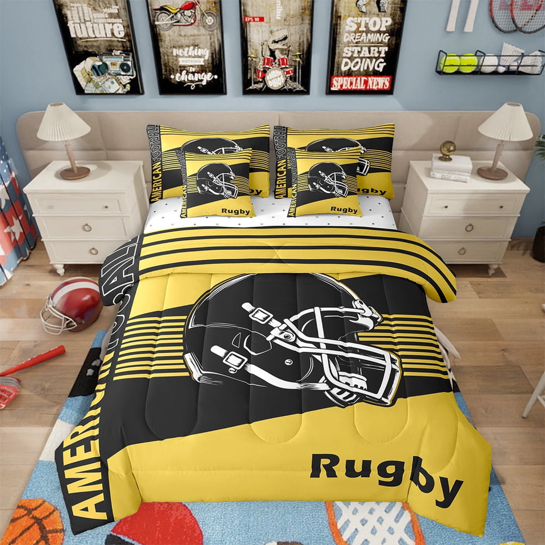 Erosebridal Football Theme 7 Piece Bedding Set Twin Size Rugby Game Comforter Set with Sheets Teens Sport Helmet Bed in a Bag Black Yellow Bed Set