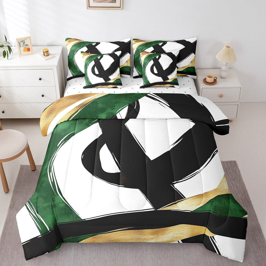 Erosebridal Abstract Ombre Bedding Sets King Size, Green Gold Comforter Sets with Sheets, Chic Minimalism Reversible Bedding King Size, Microfiber Room Decorative, 7-Piece