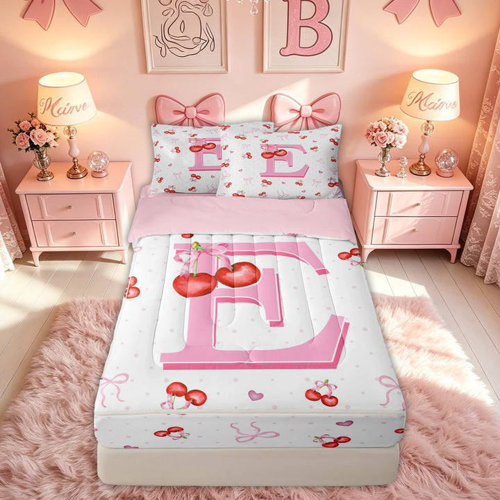 meiyoeat Cute Cherry Letter E Zipper Full Size Comforter Sets with Fitted Sheet and 2 Pillowcases for Girls, Bowknot Fruit Zipper Bedding Set for Kids, Pink, Pink Reversible, 4pcs