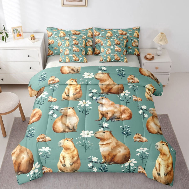 Erosebridal Animal Brown Capybara Twin Bedding Sets 7-Piece For Boys Girls,Chic Floral Flowers Bedding Comforter Set For Kids Teens,Grey Reversible