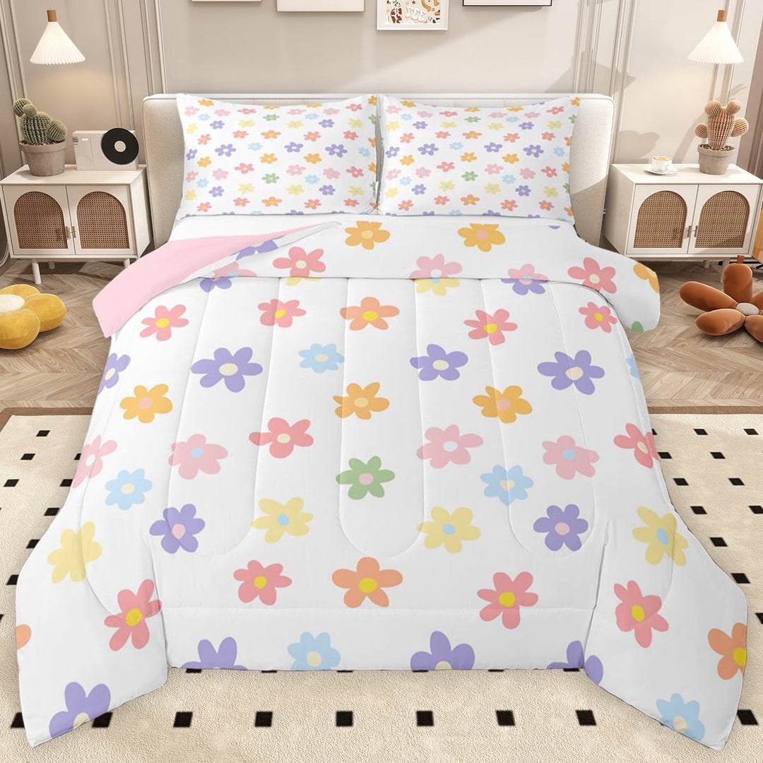 Erosebridal Cute Flower Floral Queen Comforter Set for Kids Girls, Groovy Party Bedding Comforter Set, Pink Reversible 2pcs, 1 Comforter and 2 Pillowcases