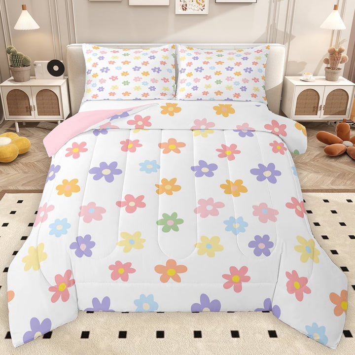 Erosebridal Cute Flower Floral Queen Comforter Set for Kids Girls, Groovy Party Bedding Comforter Set, Pink Reversible 2pcs, 1 Comforter and 2 Pillowcases