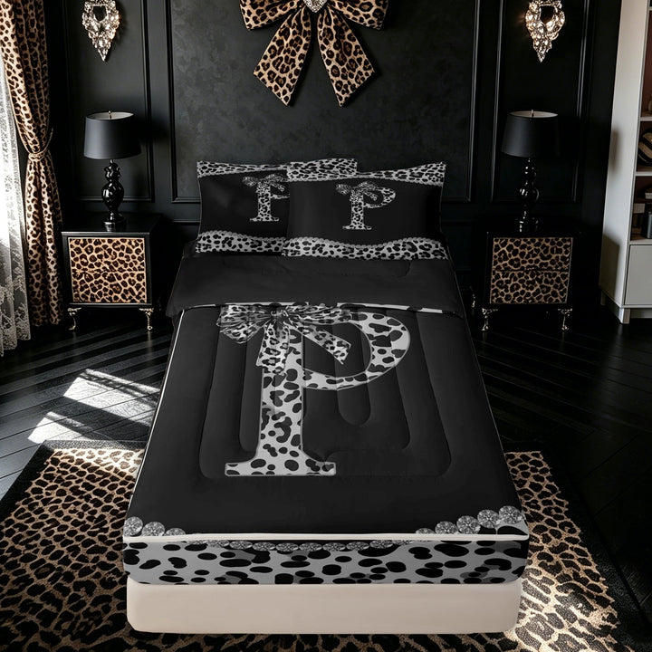 meiyoeat Leopard Print Bow Diamond Zipper Twin Comforter Sets with Fitted Sheet and 2 Pillowcases for Women Girls, Fashion Black White P Letter Zipper Bedding Set, Black Reversible, 4-Piece