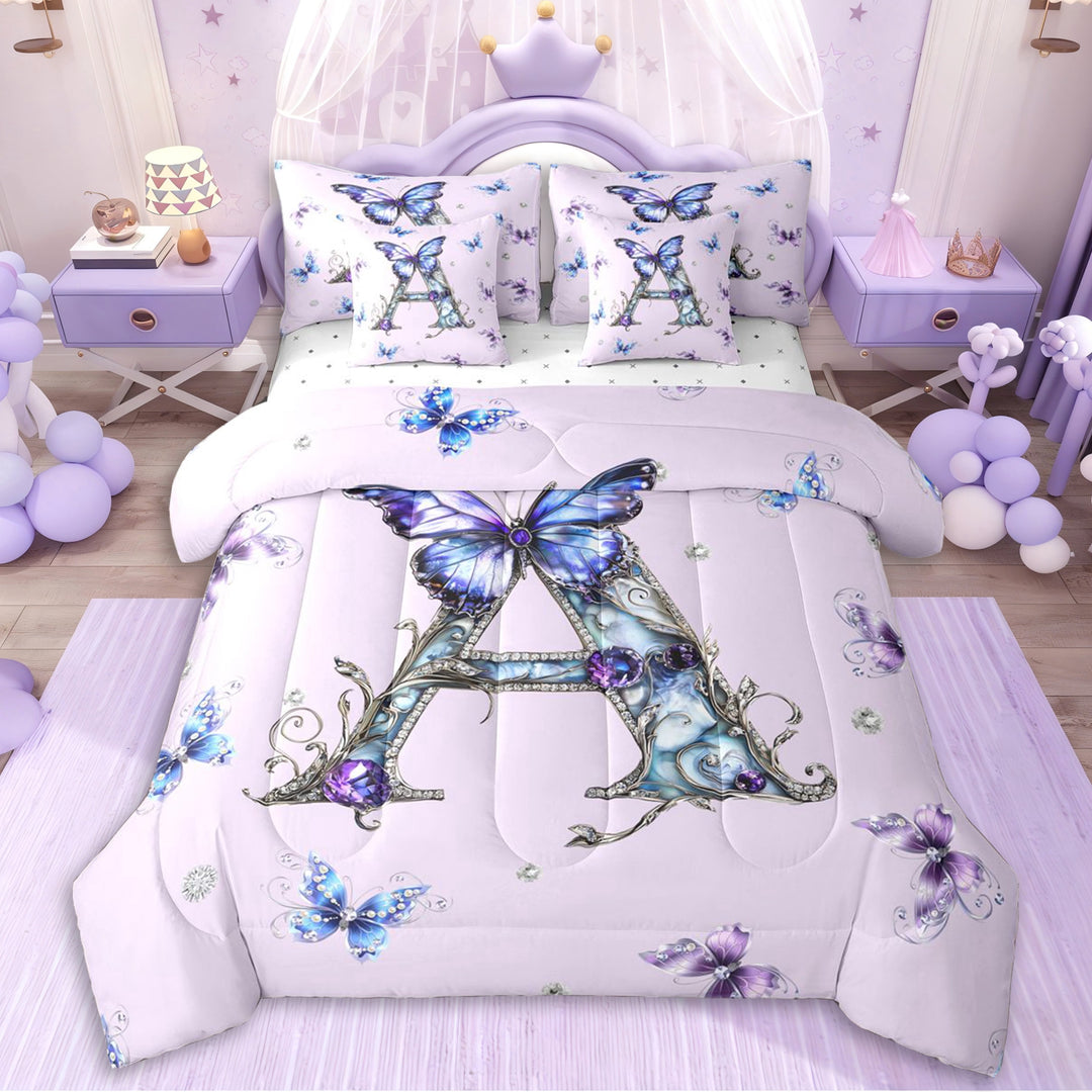 Erosebridal Personalized Initial A Twin Bedding Sets 7-Piece For Girls,Purple Blue Butterflies Bedding Comforter Set For Kids Teens,Microfiber Bedroom Decor