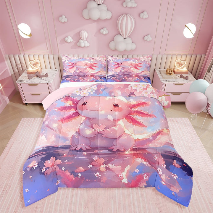 Erosebridal Cute Axolotl Comforter Set Twin Size Cherry Blossoms Salamander Bedding Set Kawaii Ocean Sealife Comforter Reptile Animal Quilt Set