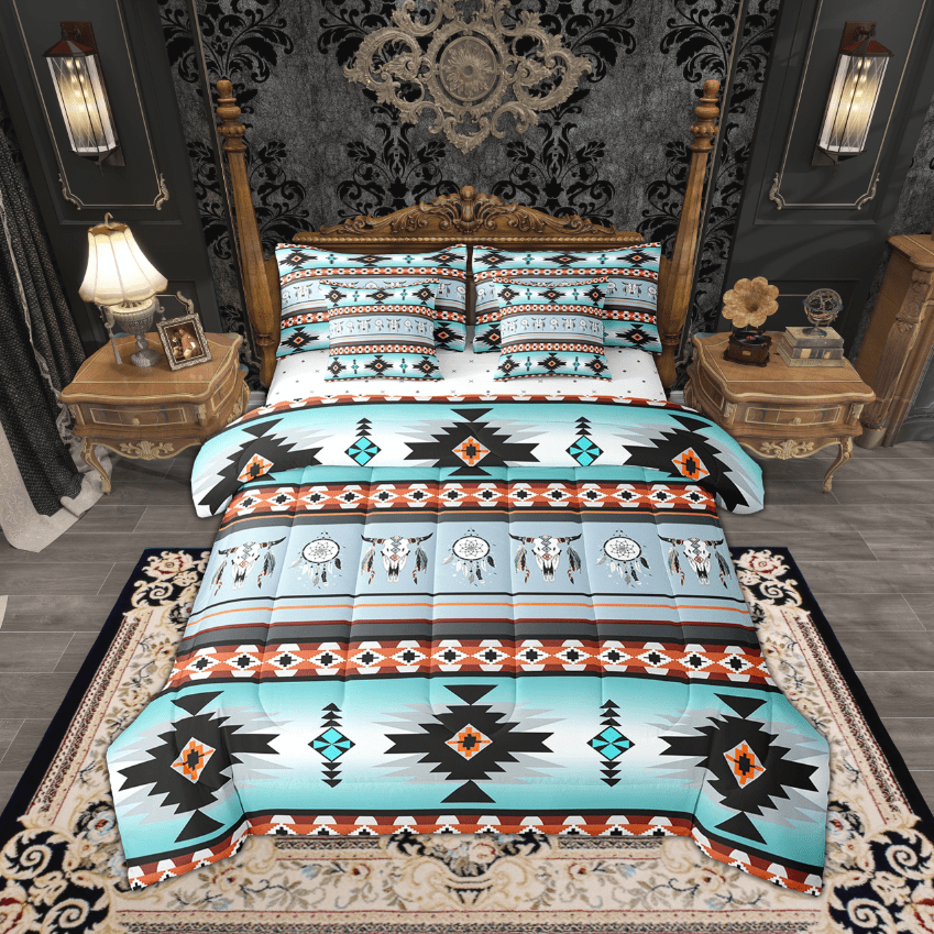 Western Aztec 7 Piece Comforter Set Full Bed in a Bag,Boho Highland Cow Dream Catcher Bedding Sets Tribal Arrow Vintage Exotic Bull Cattle Sheet Set with Comforter