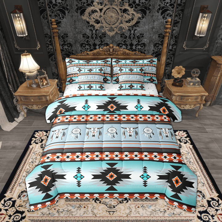 Western Aztec 7 Piece Comforter Set Full Bed in a Bag,Boho Highland Cow Dream Catcher Bedding Sets Tribal Arrow Vintage Exotic Bull Cattle Sheet Set with Comforter