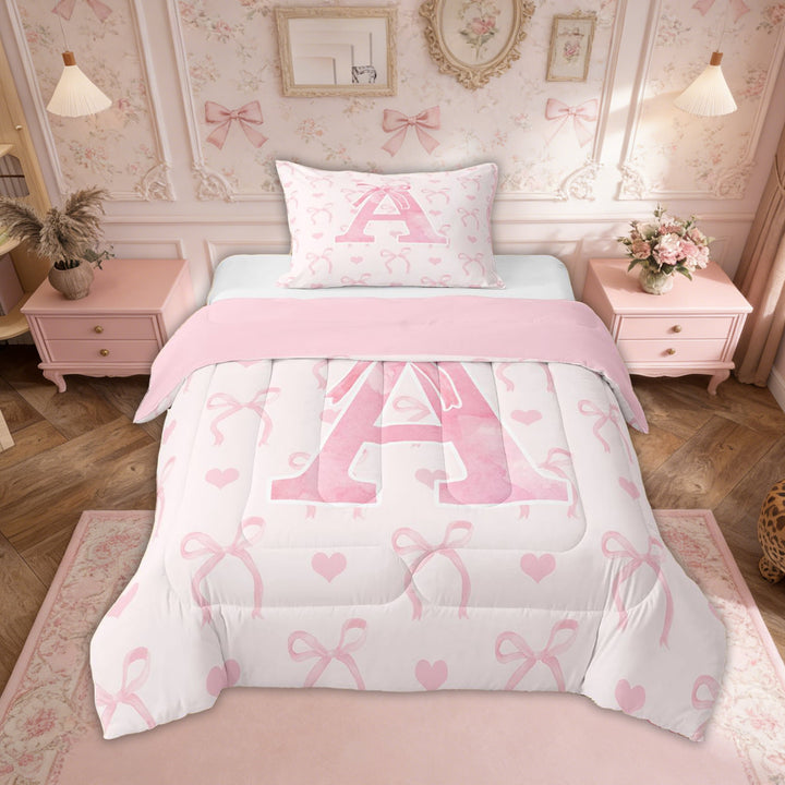 Erosebridal Initial A Letter Comforter Sets Twin Size, Cute Bowknot Comforters &amp; Duvets, Dreamy Princess Decor, Reversible 2pcs