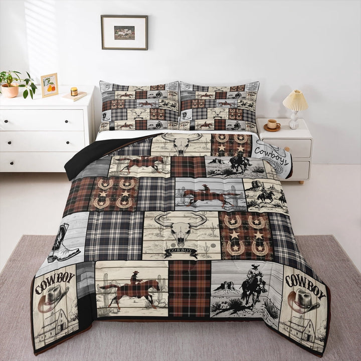 Erosebridal Western Bedding Sets Full Cowboy Comforter Set Western Bed Set Horse Cow Print Bedding Set Country Farmhouse Buffalo Plaid Check Quilt Duvet Brown Black Grey Bedroom Decor 3 Pcs
