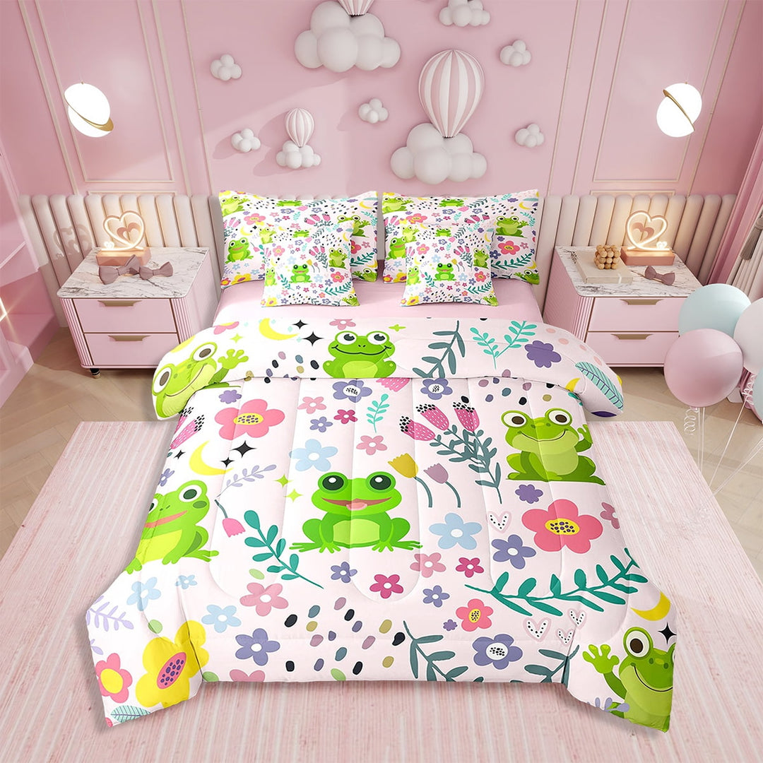 Floral Frog Bedding 7PCS Twin Size Comforter Sets Cartoon Flower Bedding Sets Tropical Comforter Set (1Comforter, 1Flat Sheet, 1Fitted Sheet, 2Pillowcases,2 Throw Pillow Covers)