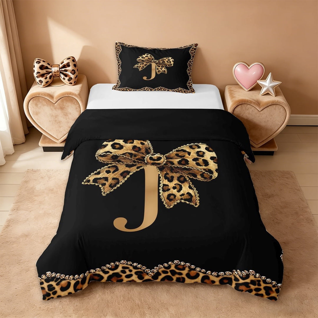 Erosebridal Women Cheetah Printed Twin Bedding,Brown Leopard Bow-Tie Monogrammed J Duvet Cover Set For Girls Kids,Reversible black,2 Pieces(No Comforter)