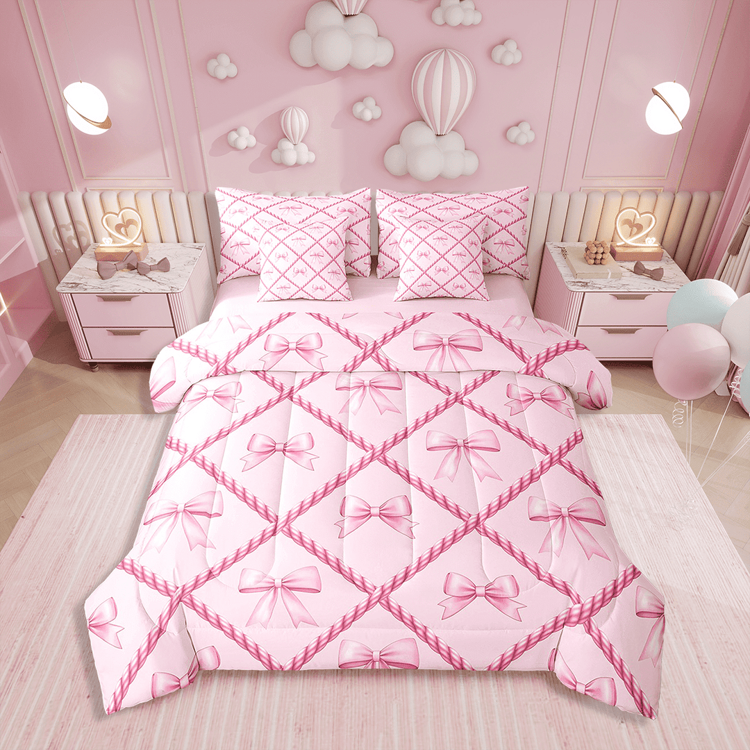 Erosebridal Cute Bowknot Bedding Sets Twin Size,Pink Buffalo Comforter Sets with Sheets,Bedroom Decor,Reversible