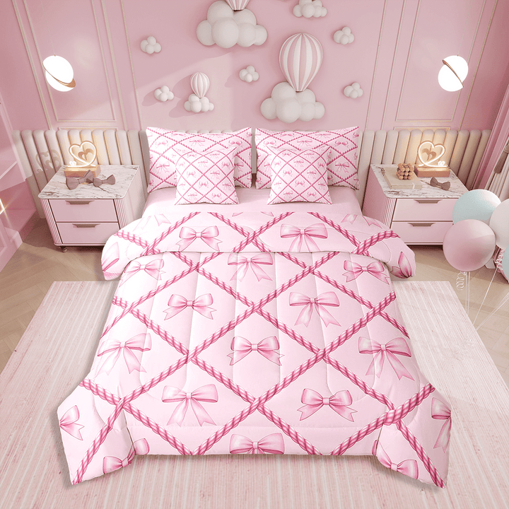 Erosebridal Cute Bowknot Bedding Sets Twin Size,Pink Buffalo Comforter Sets with Sheets,Bedroom Decor,Reversible