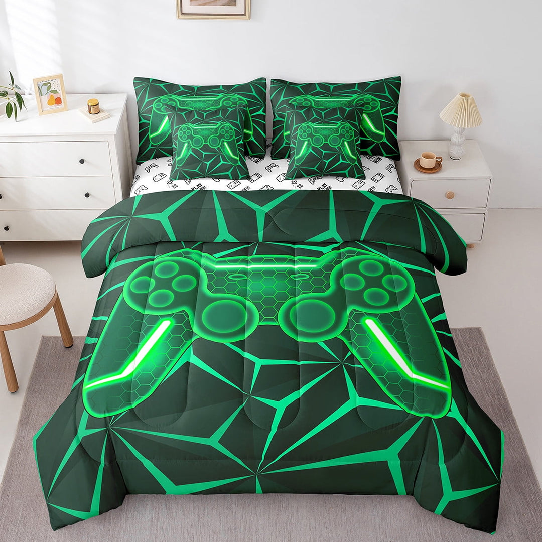 Erosebridal Gaming Bedding Sets Twin Size, Neon Gampad Comforter Sets with Sheets, Geometric Stripe Decor, Reversible 7pcs