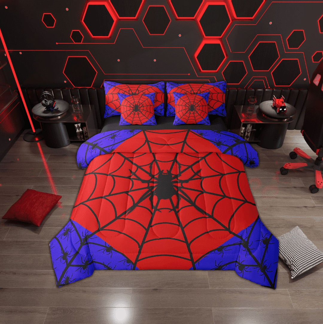 Erosebridal Halloween Spider Bedding Sets Twin Size, Black Spider Web Comforter Sets with Sheets, Red Blue Gothic Bedroom Decor, Reversible 7-Piece