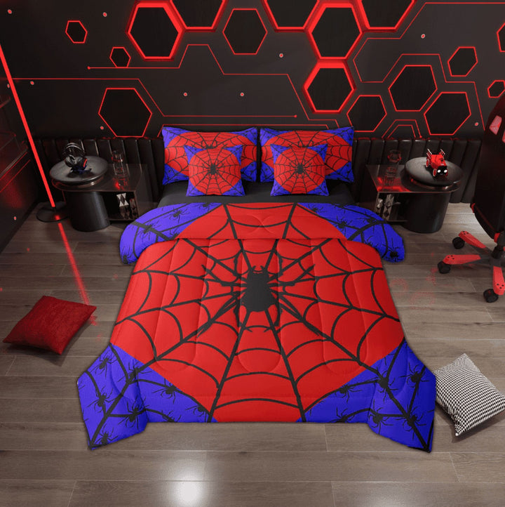 Erosebridal Halloween Spider Bedding Sets Twin Size, Black Spider Web Comforter Sets with Sheets, Red Blue Gothic Bedroom Decor, Reversible 7-Piece