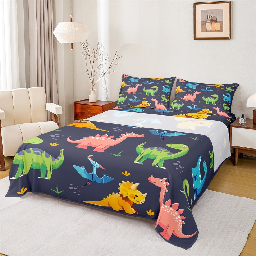 Homewish Kawaii Dino Dinsaur Full Size Sheets,Ancient Animal Bed Sheets,Deepblue Green Orange Sheet Sets For Boys Child,Ultra Soft Home Decor,4 Pieces